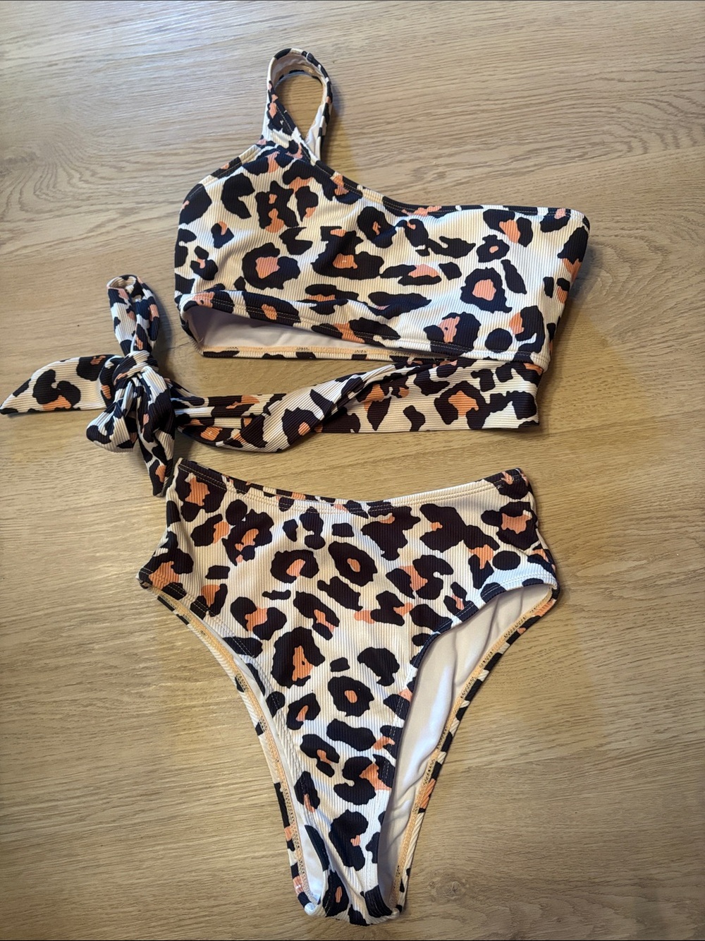 SHEIN Leopard Print One-Shoulder Bikini Set - Cream, Black, Brown